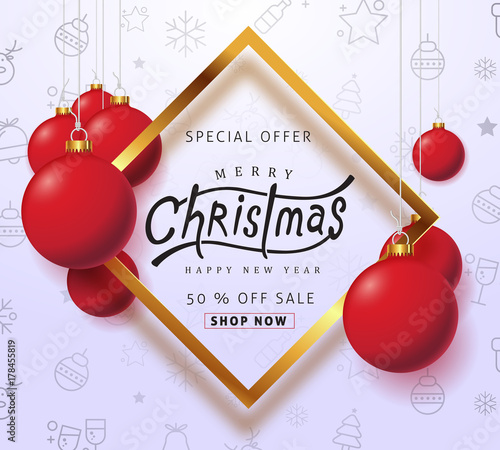 Merry christmas sale background with Christmas ball ornament and icon set pattern.Vector illustration template.