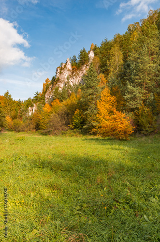 Fototapeta Naklejka Na Ścianę i Meble -  Autumn in Poland, cliffs in Dolina Kobylanska (Kobylanska Valley) near Krakow