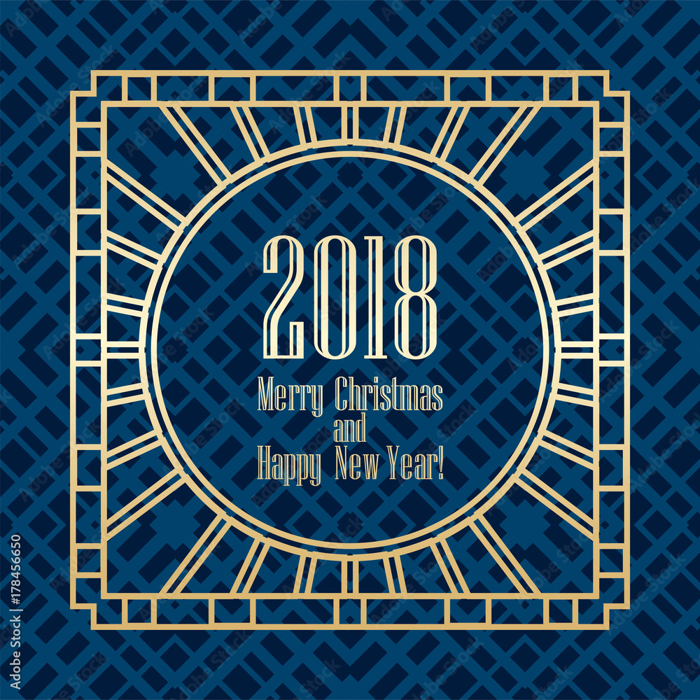 2018 New Year greeting card in art deco golden style. Template for design. Vector illustration eps10