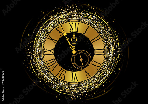 Happy New Year Background with Golden Clock Face over Stars Glitter and Black Background - Luxury Illustration, Vector