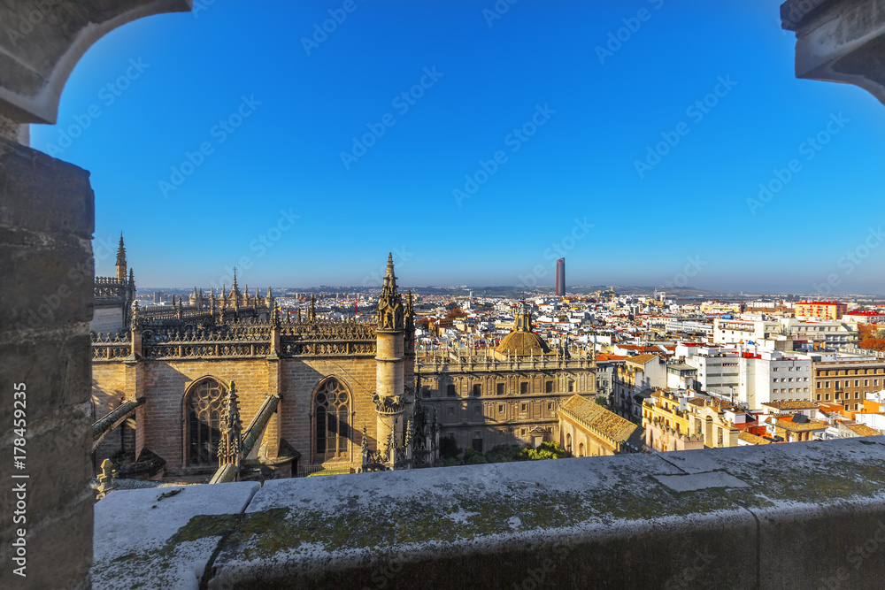 View of Seville from the Giralda Cathedral tower. Seville (Sevilla), Andalusia, Southern Spain.