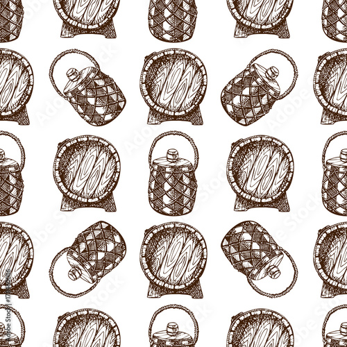 Wooden barrel vintage old hand drawn sketch storage seamless pattern fermenting distillery cargo drum lager vector illustration.