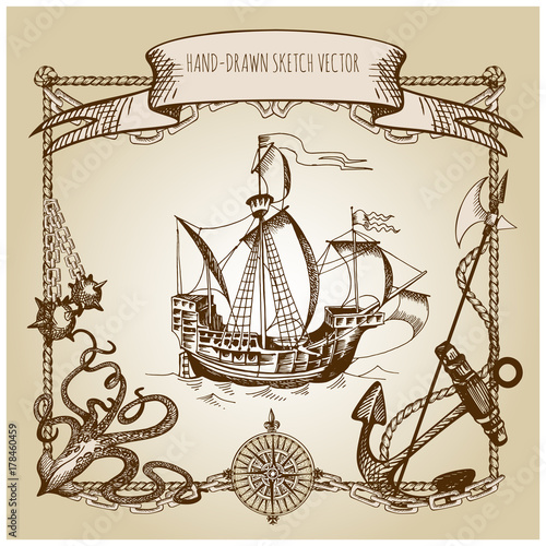 Adventure stories. Pirate background. Vintage border frame. Old caravel, vintage sailboat, sea monster.