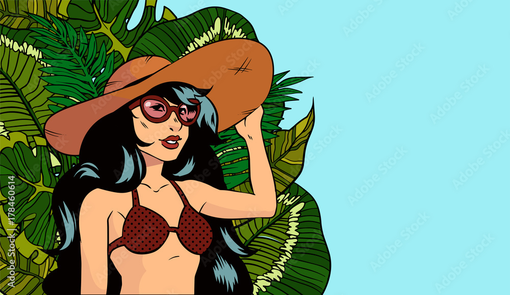 A girl on the beach pop art. Beautiful women in bikini. Sexy girl resting  under tropical leaves, illustration in comic style Stock Illustration |  Adobe Stock