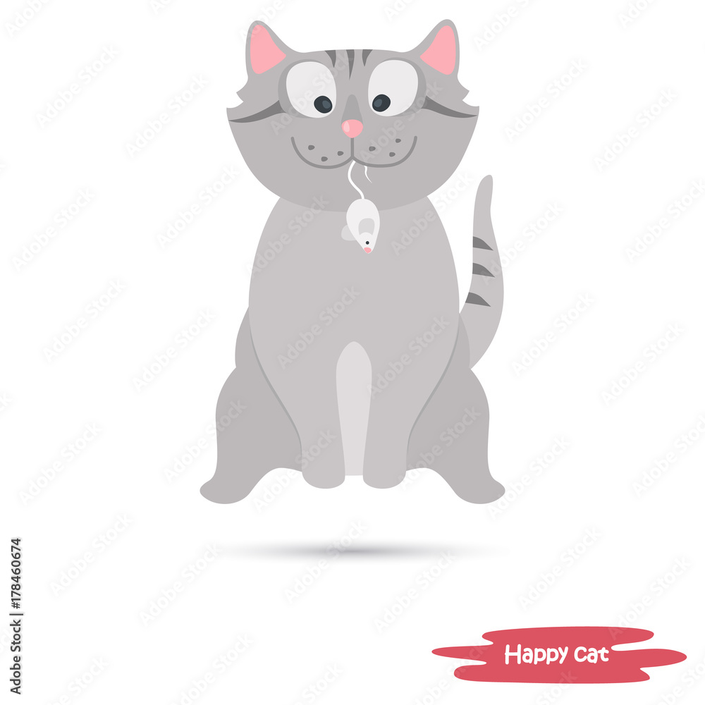Cat caught the mouse by the tail color flat illustration