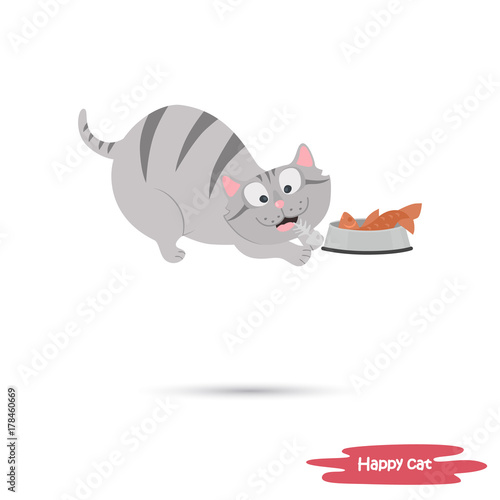 The cat eats fish color flat illustration