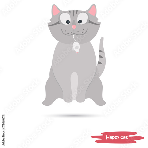 Cat caught the mouse by the tail color flat illustration
