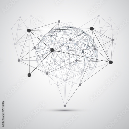 Black and White Modern Minimal Style Cloud Computing, Connections, Networks Structure Concept Design, Transparent Geometric Wireframe - Vector Illustration