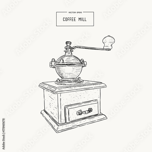 Vintage coffee grinder. Hand drawn sketch style.Coffee mill