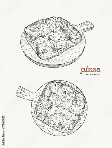 Pizza on the wooden board hand draw sketch vector.