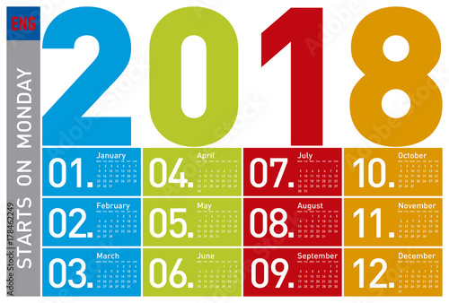 Colorful Calendar for Year 2018, in English. Week starts on Monday