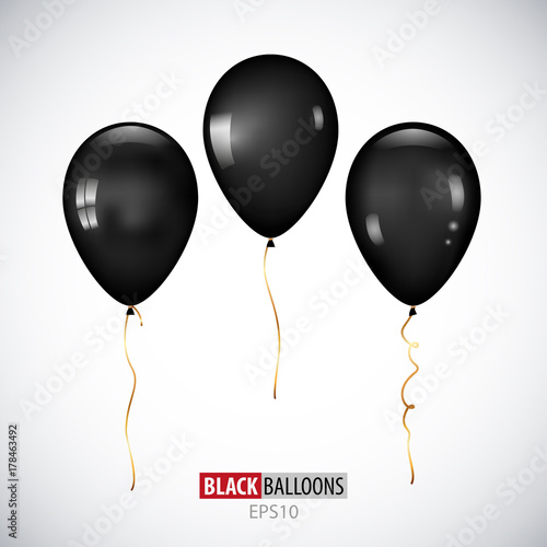 Realistic 3D Black helium balloons on white background.