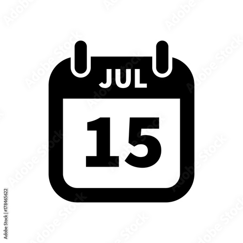 Simple black calendar icon with 15 july date isolated on white