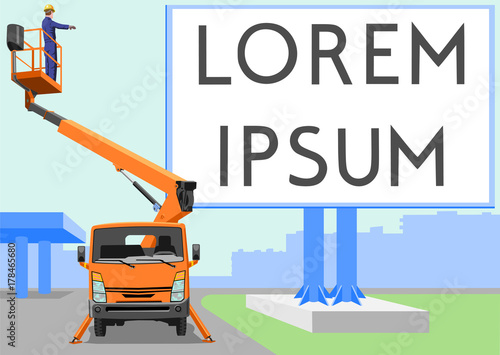 Aerial work platform and billboard Installation using a telescopic aerial platform. Wide-format printing. Outdoor advertising.