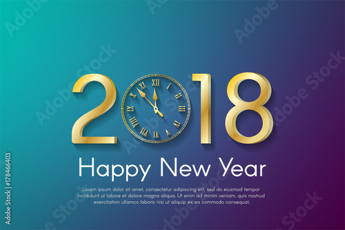 Golden New Year 2018 concept on cyan and violet background. Vector greeting card illustration with golden numbers and vintage clock