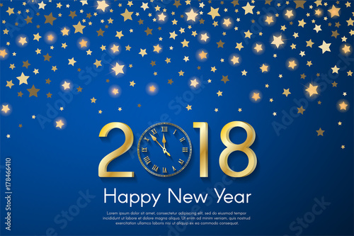 Golden New Year 2018 concept on blue blurry starfall background. Vector greeting card illustration with golden numbers and vintage clock