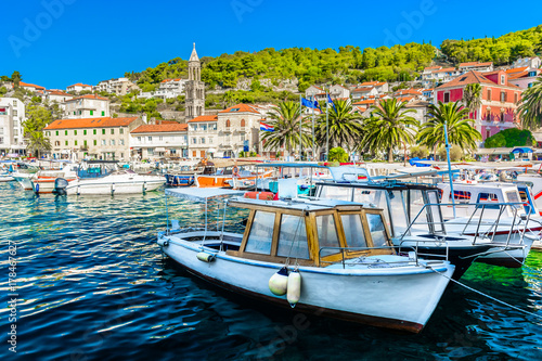 Hvar town travel resort. / Waterfront summer view at famous luxury travel resort in Europe, Hvar town scenery. 