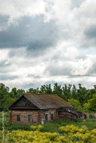 Old shack and blooming grass in countryside. Yellow flowers and green grass growing near aged wooden hut against cloudy sky. Abandoned old log house
