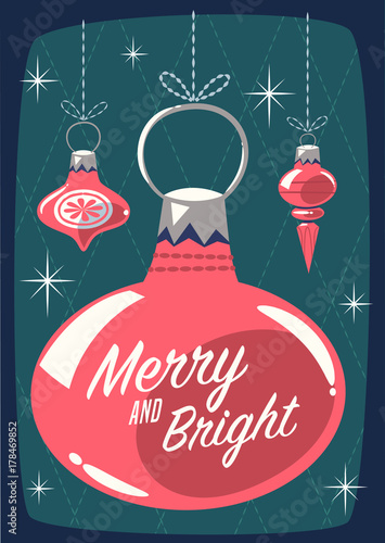 Christmas greeting card with Christmas ornaments. Mid century style. Vector illustration.