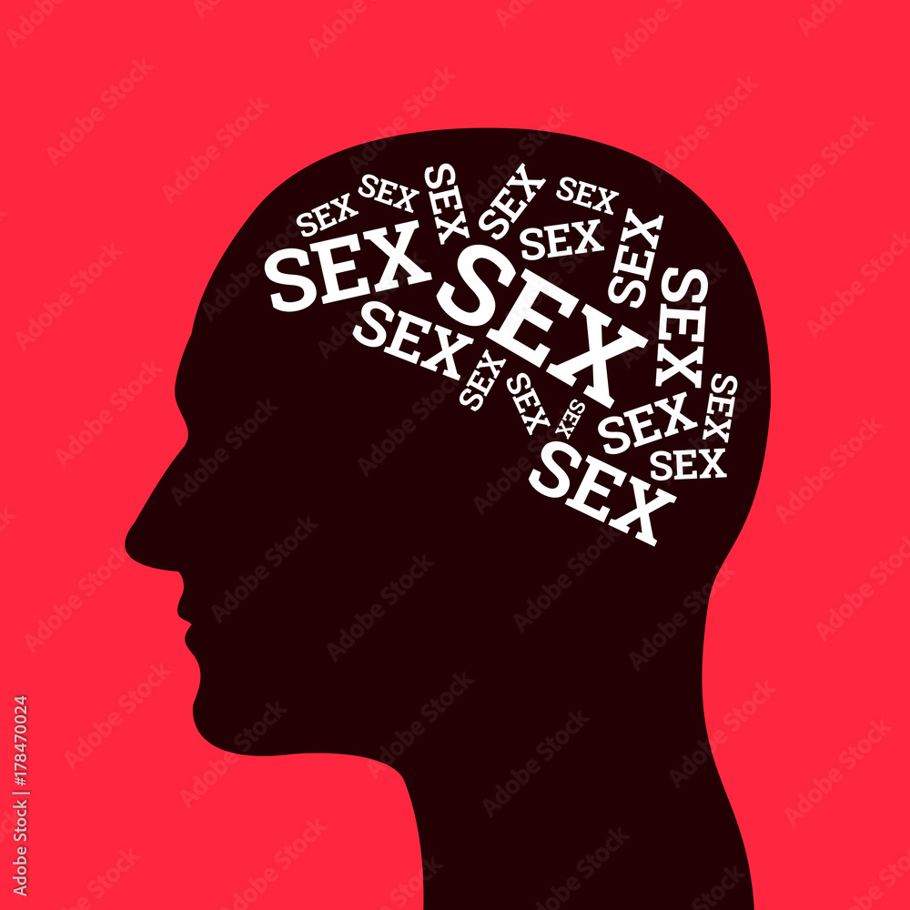 Sexual addiction and nymphomany - addict nymphomaniac male is thinking only about sex. Sexual thoughts, obsession and mania. Vector illustration