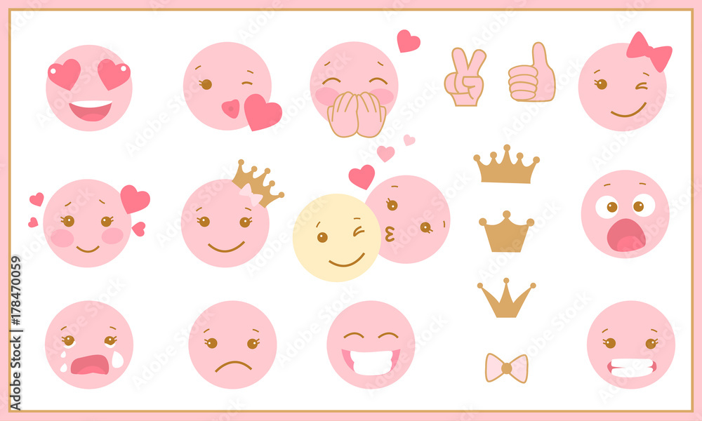 Set of cute pink and gold emotions. Different princess emotions in a flat design. Little baby girl vector.
