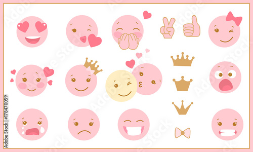 Fototapeta Naklejka Na Ścianę i Meble -  Set of cute pink and gold emotions. Different princess emotions in a flat design. Little baby girl vector.
