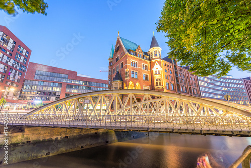 Bridge and ancient buildings of Hamburg at night, Germany