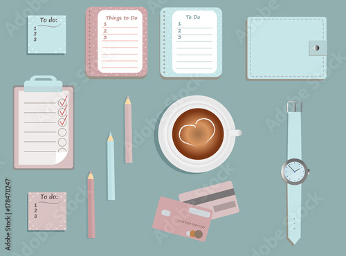 Stationary.A planner. To Di lists. A cup of coffee. Pencils. A wallet. Wrist watch.Credit cards. Vector illustration. 