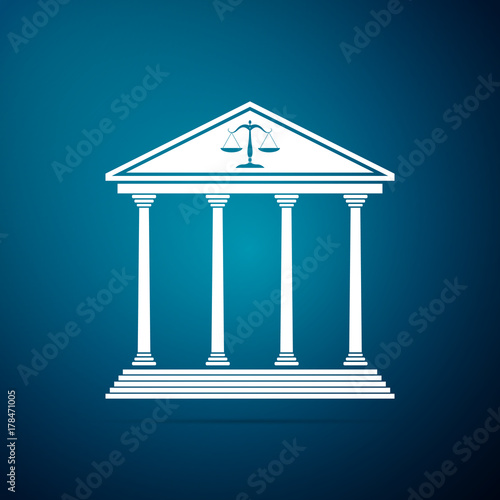 Courthouse icon isolated on blue background. Flat design. Vector Illustration