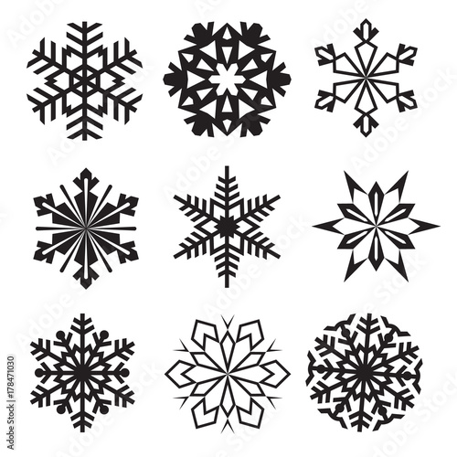 Snowflakes winter set of black isolated nine icons silhouettes on white background