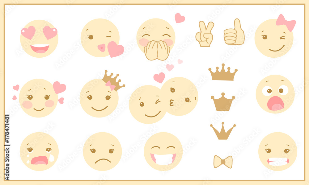 Set of cute pastel emoticons. Pictures for baby shower or birthday party. 
