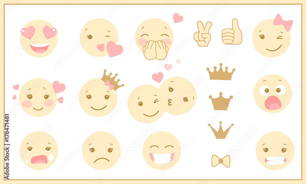 Set of cute pastel emoticons. Pictures for baby shower or birthday party. Set of cute pastel emoticons. Pictures for baby shower or birthday party.