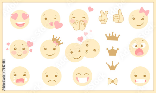 Set of cute pastel emoticons. Pictures for baby shower or birthday party. 