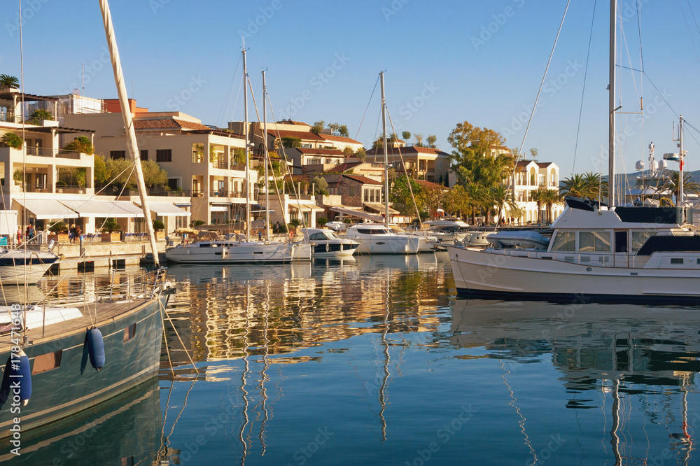 View of Porto Montenegro - full service yacht marina in the Adriatic. Bay of Kotor, Tivat, Montenegro