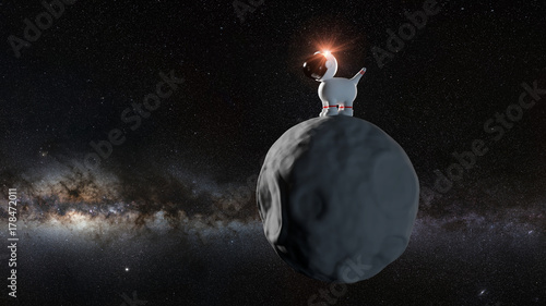 cute cartoon astronaut dog in white space suit standing on an asteroid in front of the Milky Way galaxy