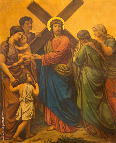 LONDON, GREAT BRITAIN - SEPTEMBER 17, 2017: The painting Jesus meets the women of Jerusalem as the Station of the Cross in church of St. James Spanish Place by M. Jacob (1873).