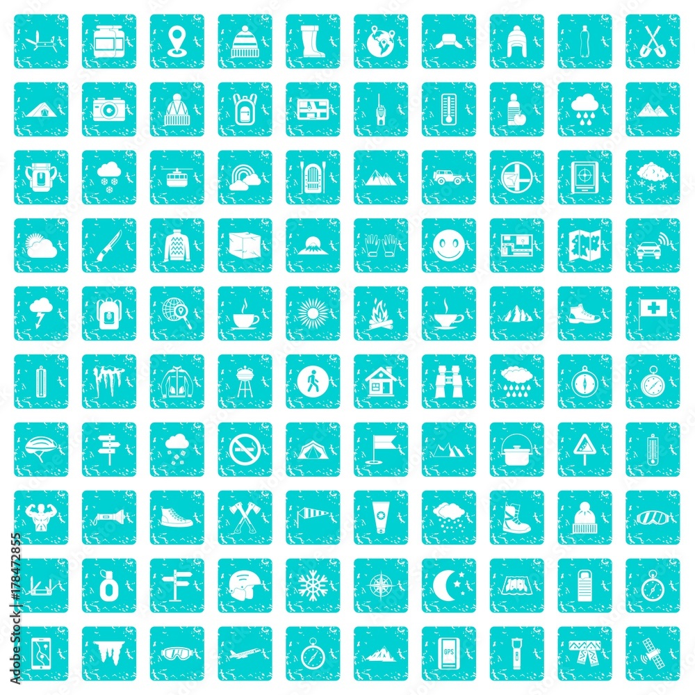 100 mountaineering icons set grunge blue 100 mountaineering icons set grunge blue
