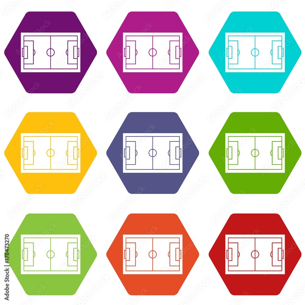 Soccer field icon set color hexahedron