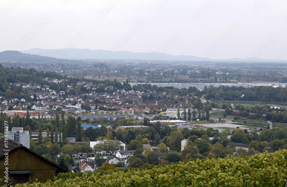 view from the Schutterlindenberg towards the city of Lahr with Mietersheim  and the  Rhine valley  in the background, Baden Germany
