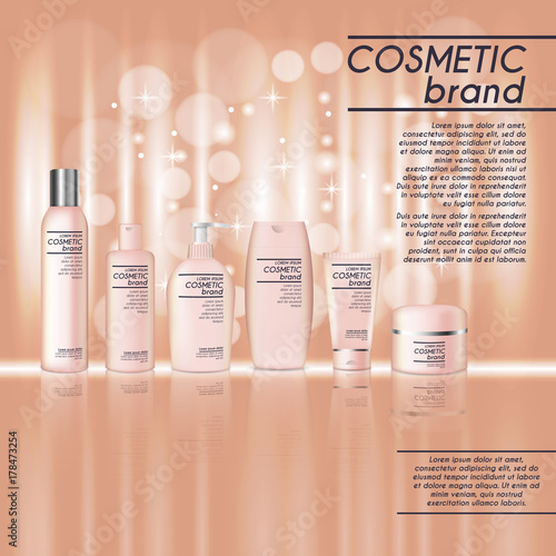 3D realistic cosmetic bottle ads template. Cosmetic brand advertising concept design with glitters and bokeh background