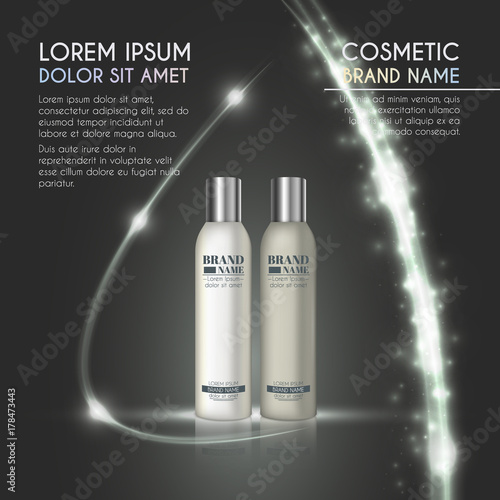 3D realistic cosmetic bottle ads template. Cosmetic brand advertising concept design with glowing sparkles and glitters abstract background