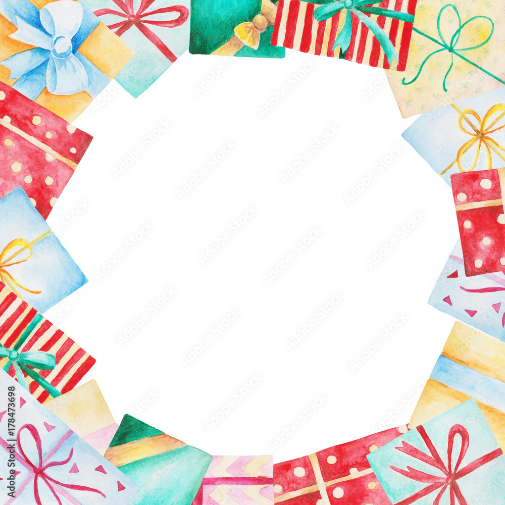 Obraz premium Watercolor Christmas frame with gift boxes. Isolated Illustration for design, print or background