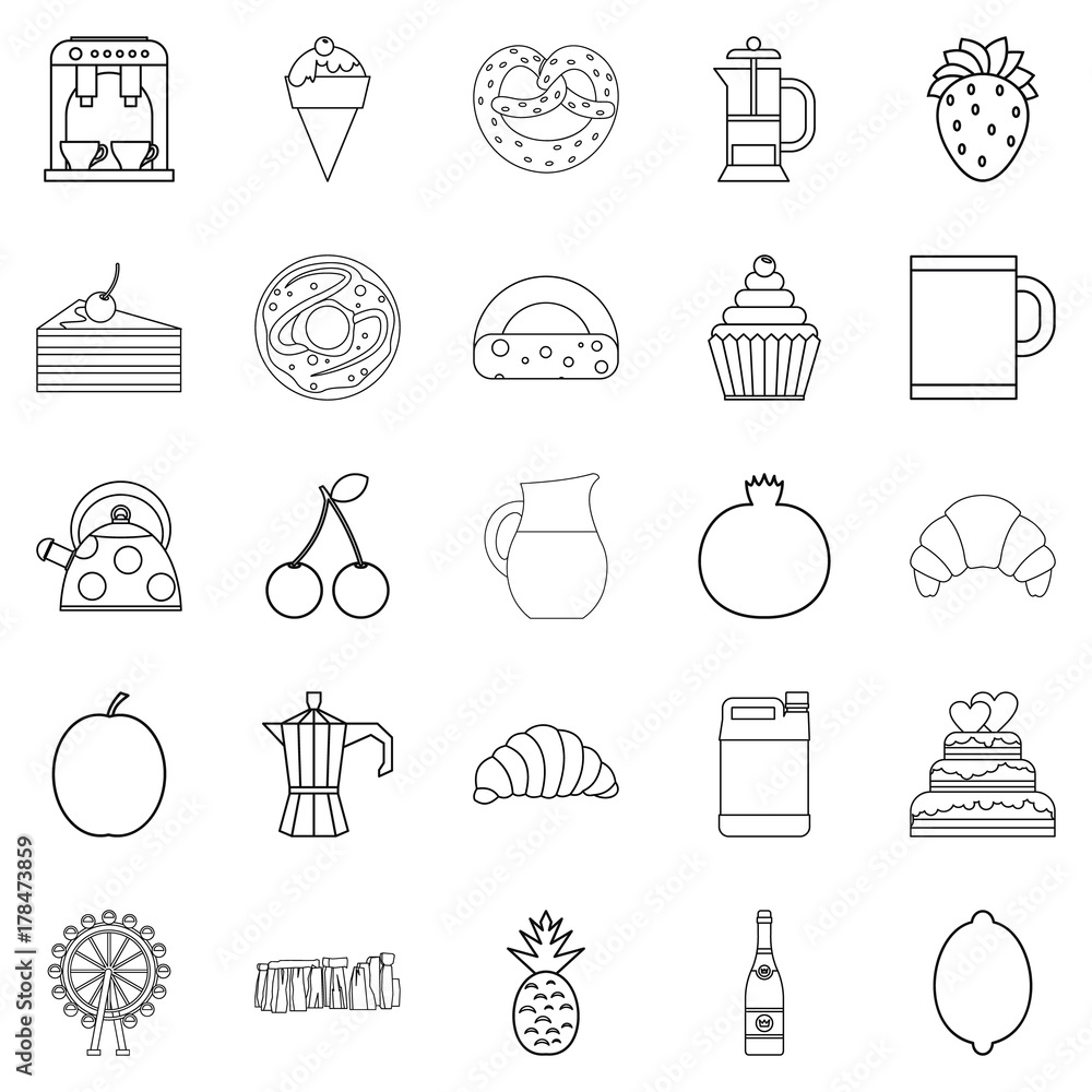 Snack to coffee icons set, outline style Snack to coffee icons set, outline style