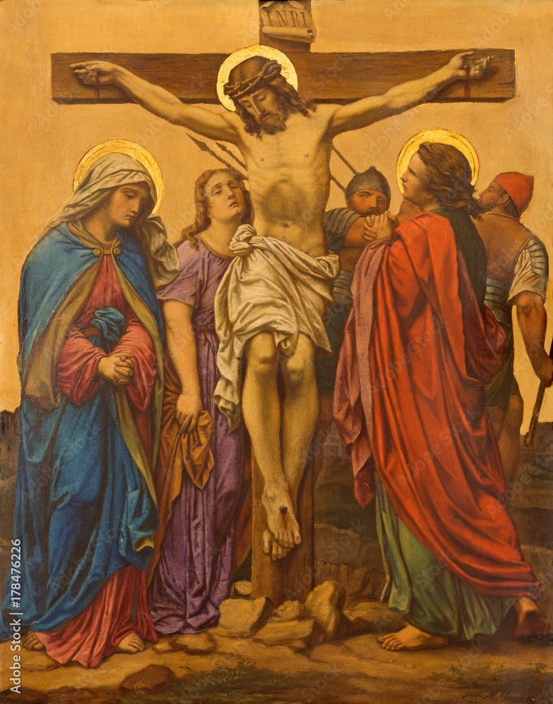 LONDON, GREAT BRITAIN - SEPTEMBER 17, 2017: The Crucifixion painting as the Station of the Cross in church of St. James Spanish Place by M. Jacob (1873).