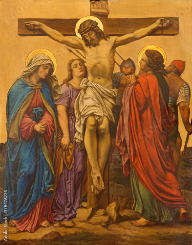 LONDON, GREAT BRITAIN - SEPTEMBER 17, 2017: The Crucifixion painting as the Station of the Cross in church of St. James Spanish Place by M. Jacob (1873).