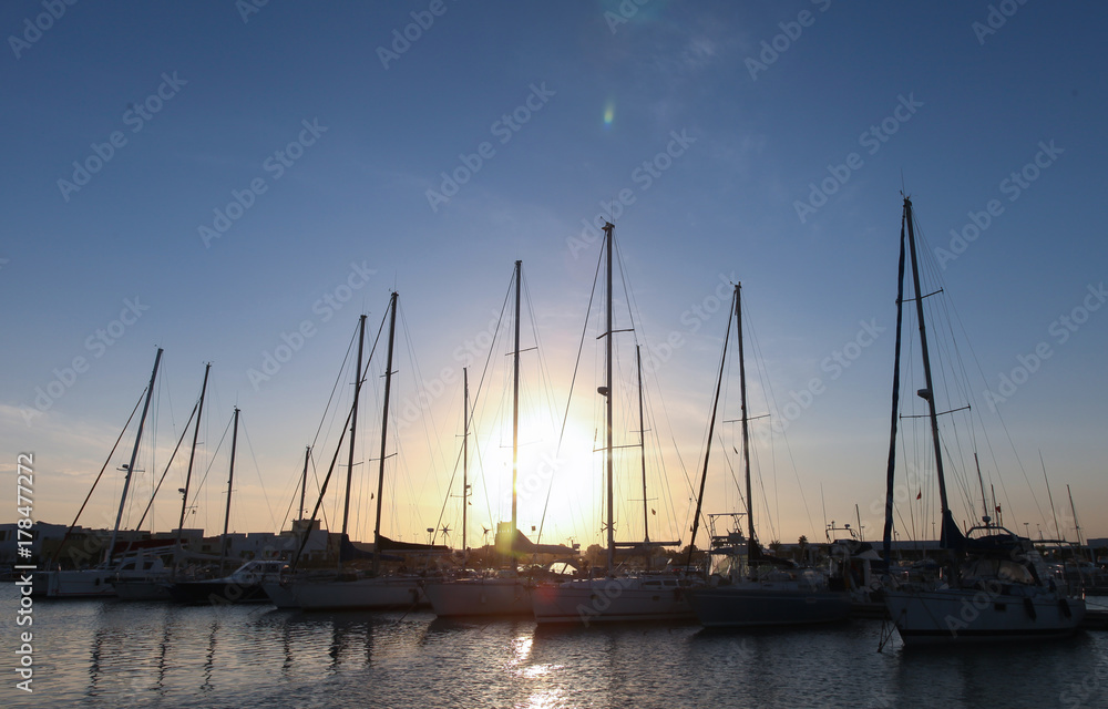 Amazing sunset. Yachts in sunset