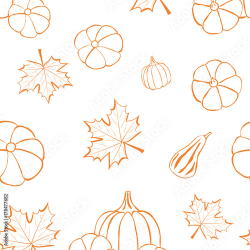 Autumn  pattern with pumpkin and maple leaves. Thanksgiving.