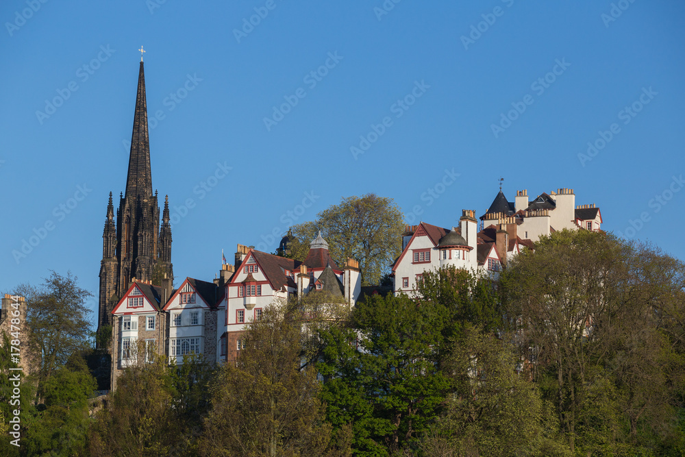 Building of Ramsay Gardens with the gothic spire of The Hub in Edinburgh, Scotland