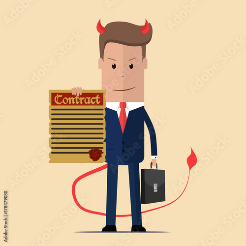 Evil businessman offering contract. Devil's contract. Vector illustration