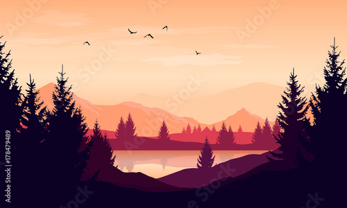 Vector cartoon sunset landscape with orange sky, silhouettes of mountains, hills and trees and lake